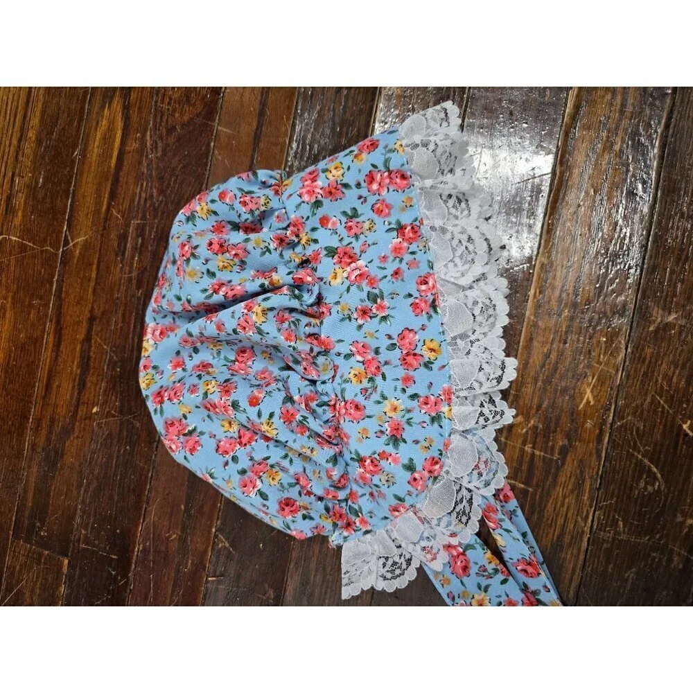 Vintage Blue Floral Lace Trim Baby Bonnet Heirloom Spring